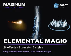 Elemental Magic pack for Godot, 24 elemental spell VFX