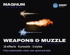 Weapons and Muzzle Flash pack for Godot, 16 weapon VFX